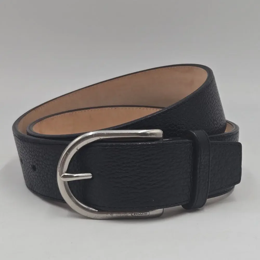 COACH Mens Black Pebbled Leather Silver Buckle Belt Logo Size 32 Fits 30-34